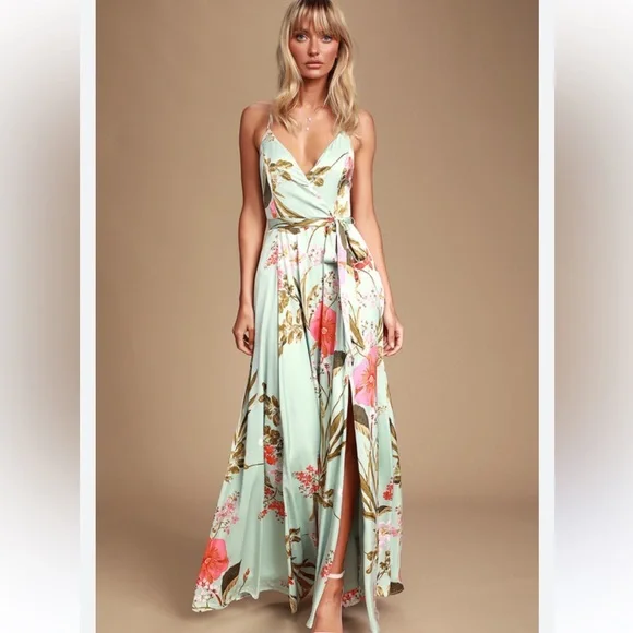 Lulus Still The One Sage Green Floral Print Satin Maxi Dress! Brand new! - Picture 3 of 11